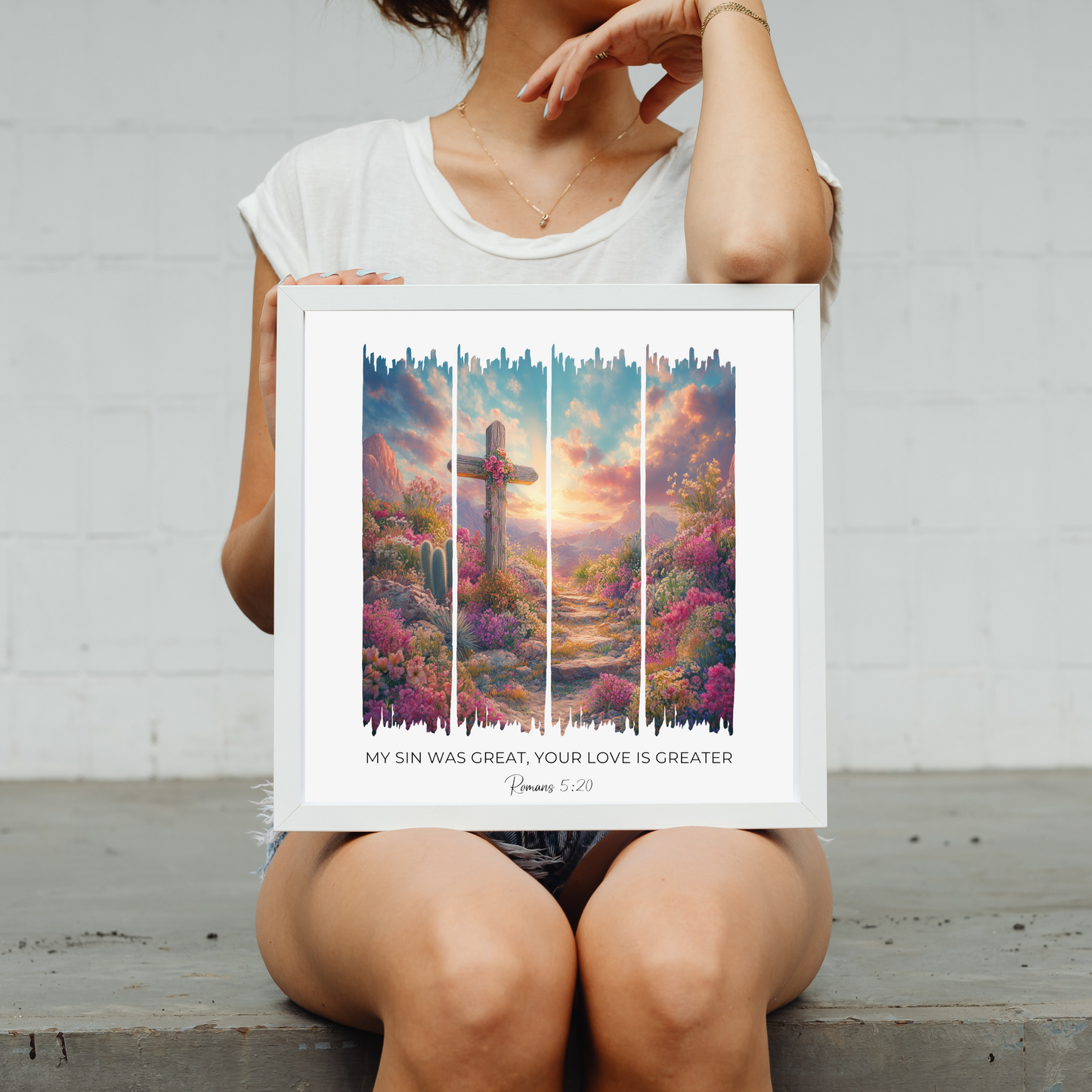 His Love Was Greater – Blooming Desert and Wooden Cross Bible Verse Canvas