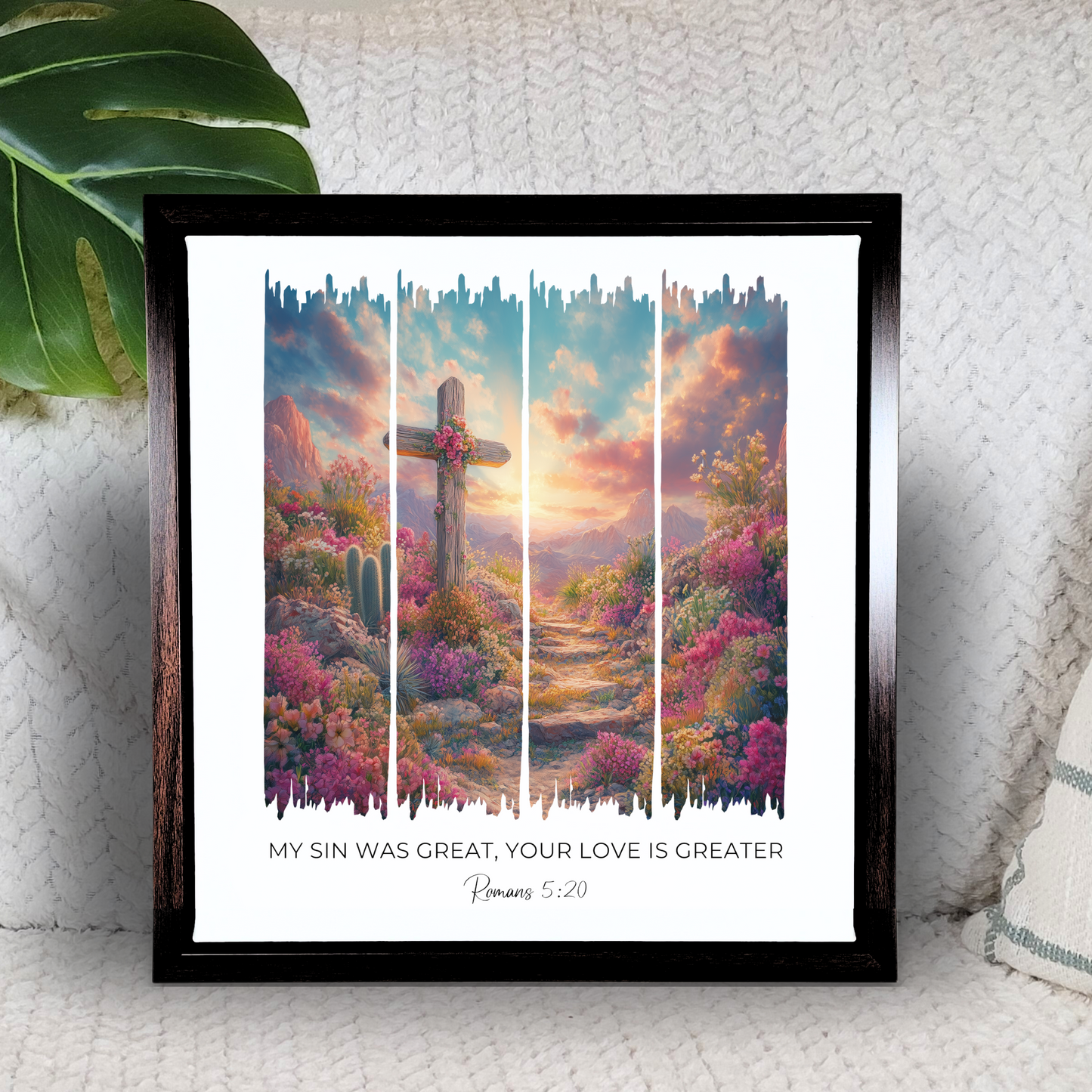 His Love Was Greater – Blooming Desert and Wooden Cross Bible Verse Canvas