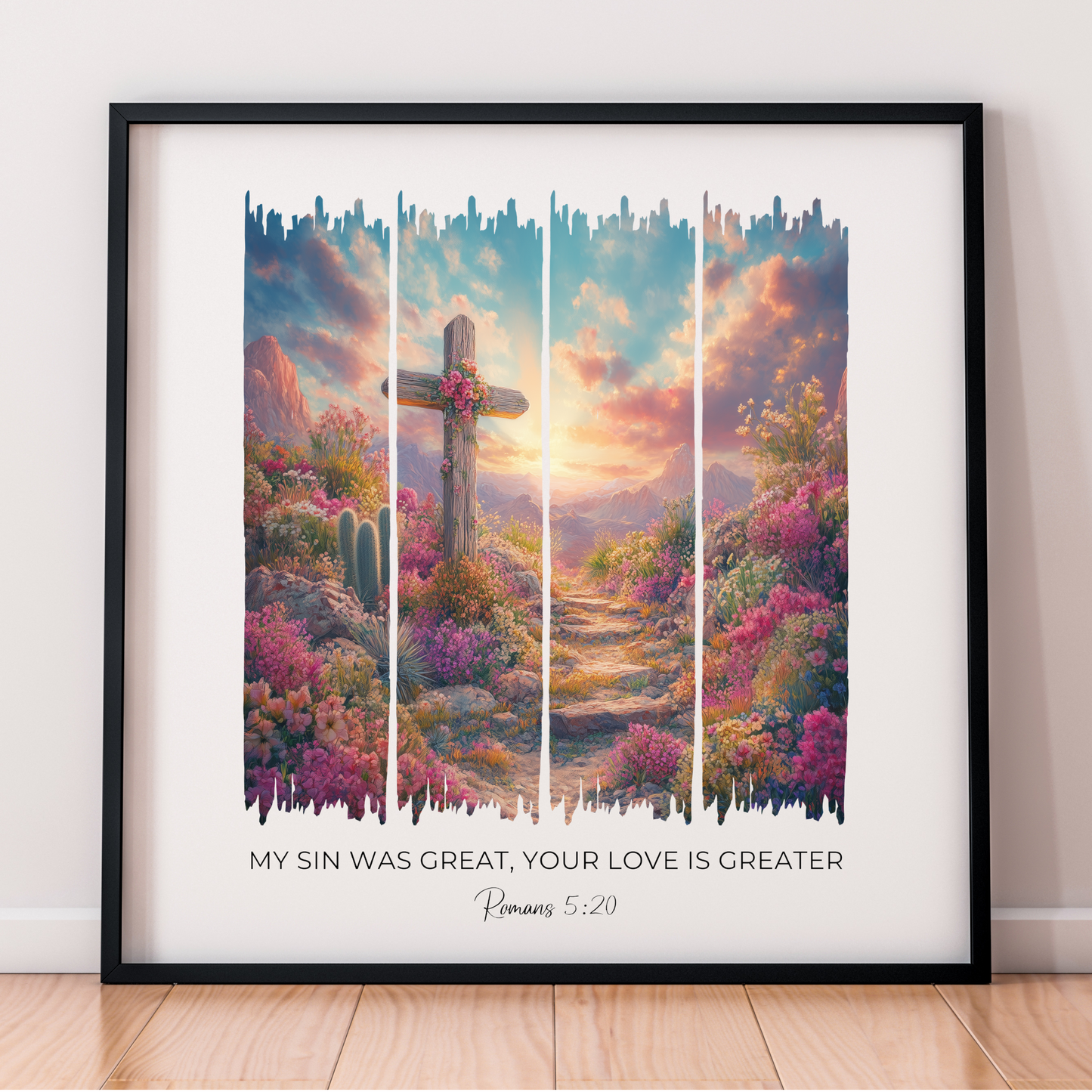 His Love Was Greater – Blooming Desert and Wooden Cross Bible Verse Canvas