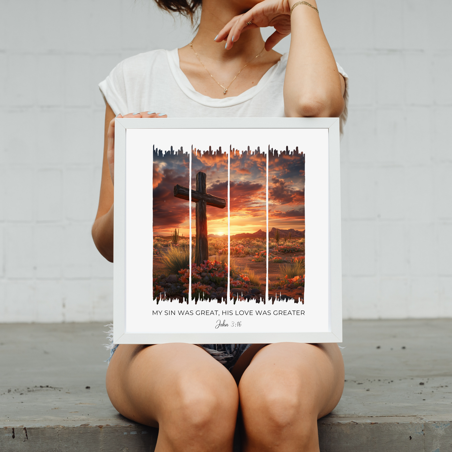His Love Was Greater – Blooming Desert Sunset Bible Verse Canvas