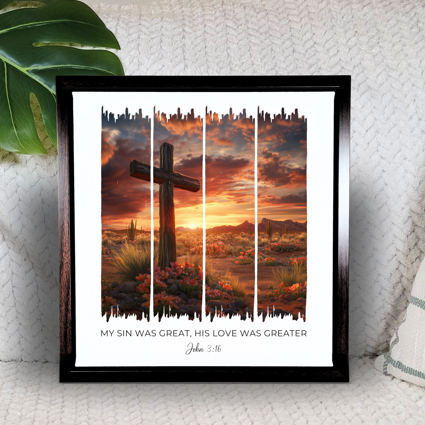 His Love Was Greater – Blooming Desert Sunset Bible Verse Canvas