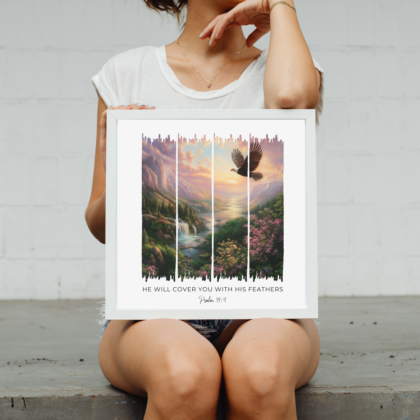 Covered in His Protection – Sunset Waterfall and Eagle Bible Verse Canvas