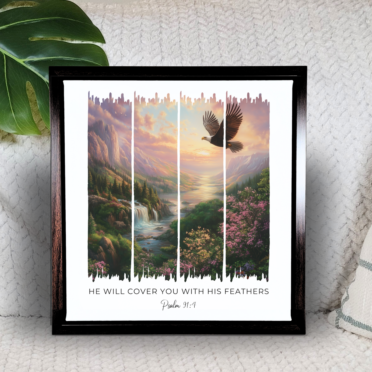 Covered in His Protection – Sunset Waterfall and Eagle Bible Verse Canvas
