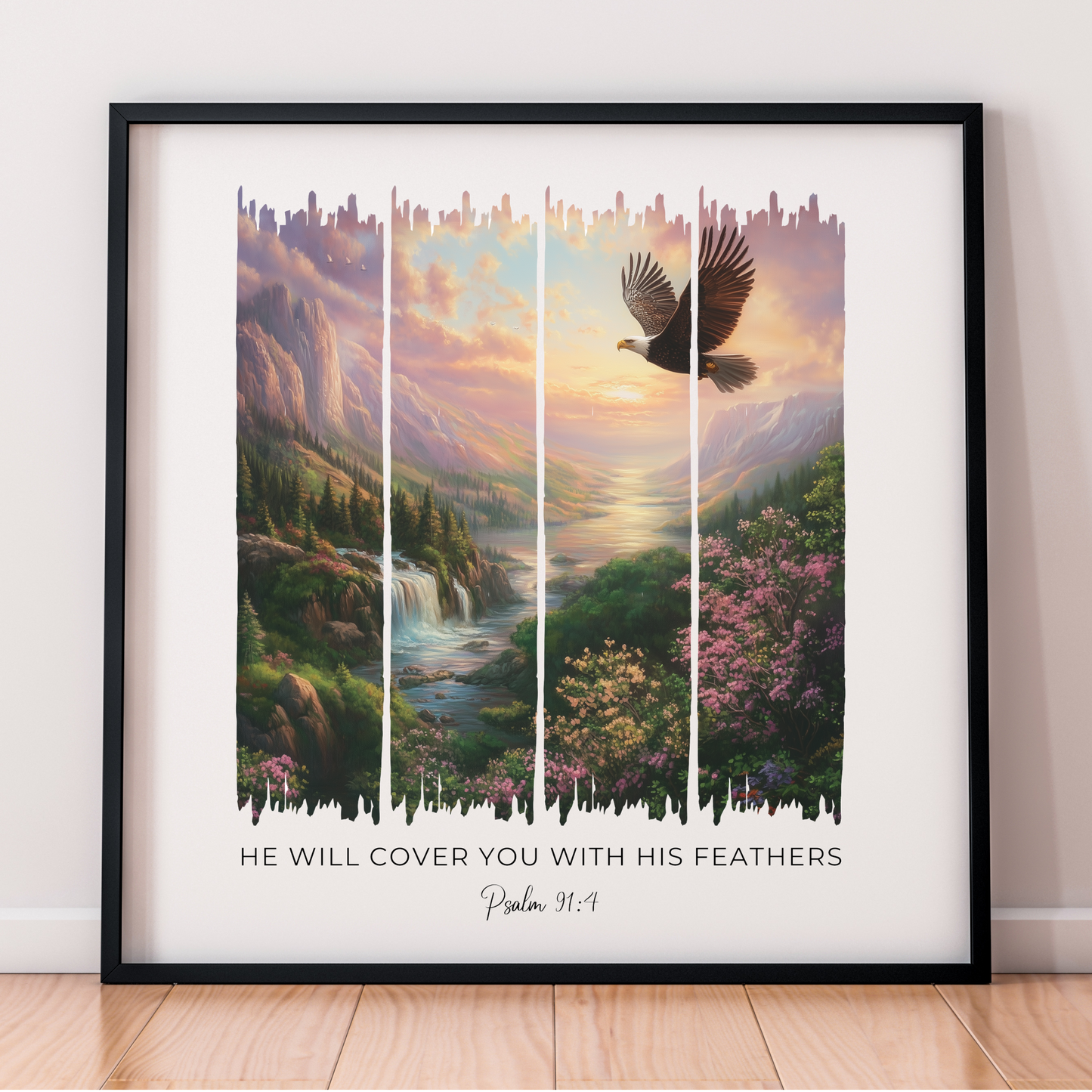 Covered in His Protection – Sunset Waterfall and Eagle Bible Verse Canvas