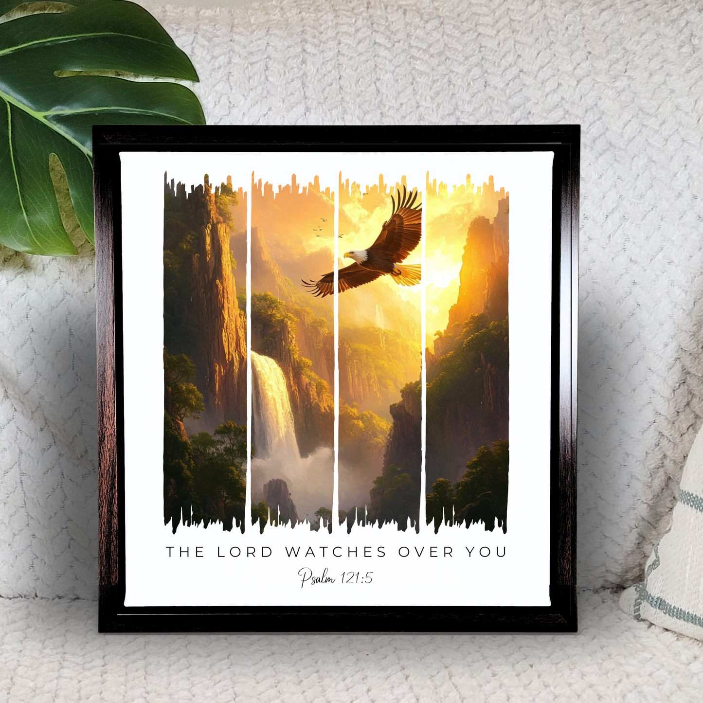 The Lord Watches Over You – Sunset Waterfall and Eagle Bible Verse Canvas