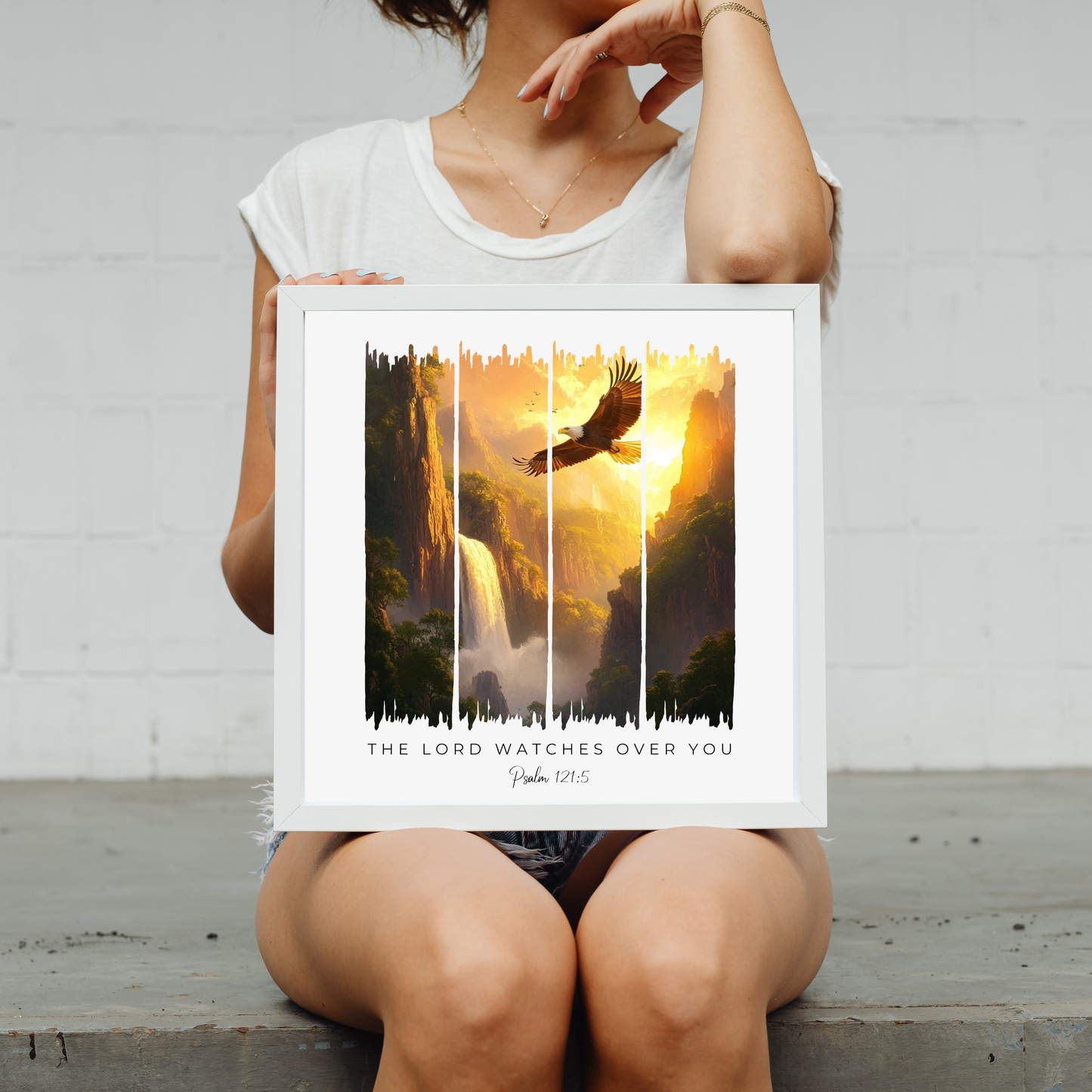 The Lord Watches Over You – Sunset Waterfall and Eagle Bible Verse Canvas