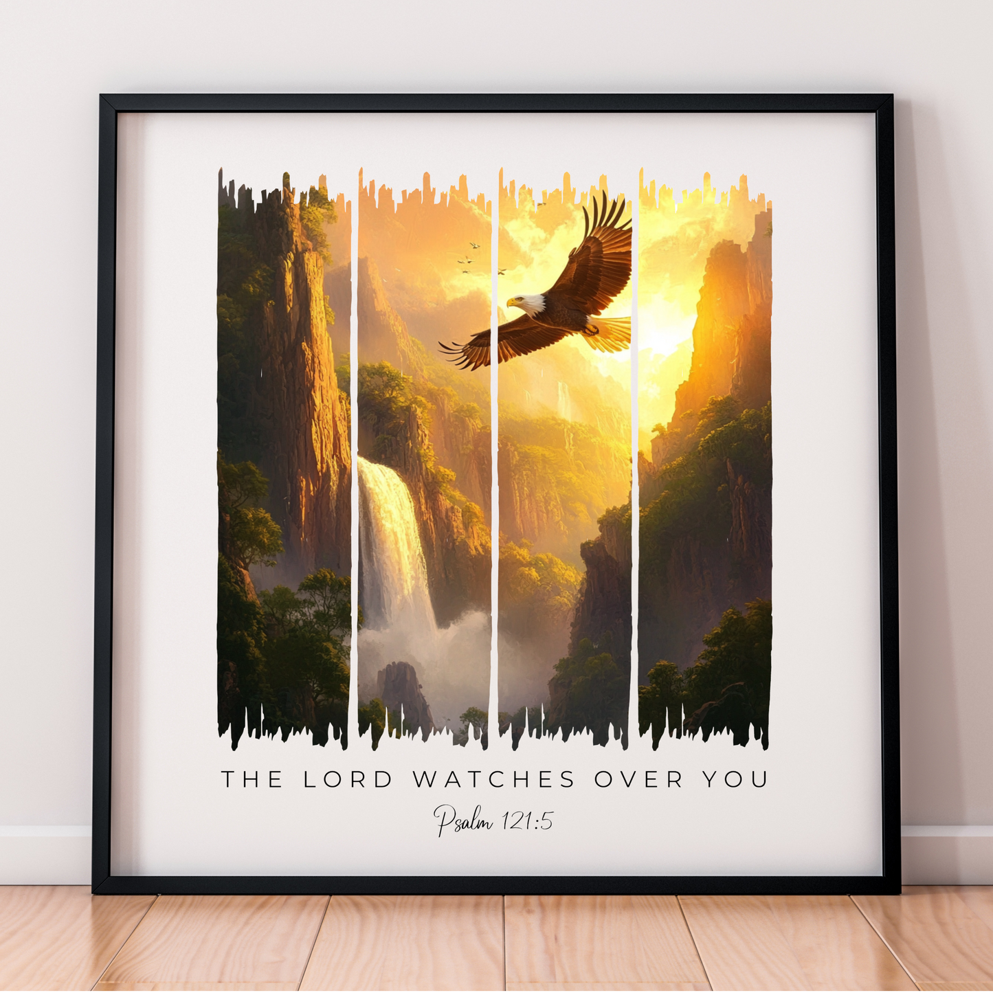 The Lord Watches Over You – Sunset Waterfall and Eagle Bible Verse Canvas