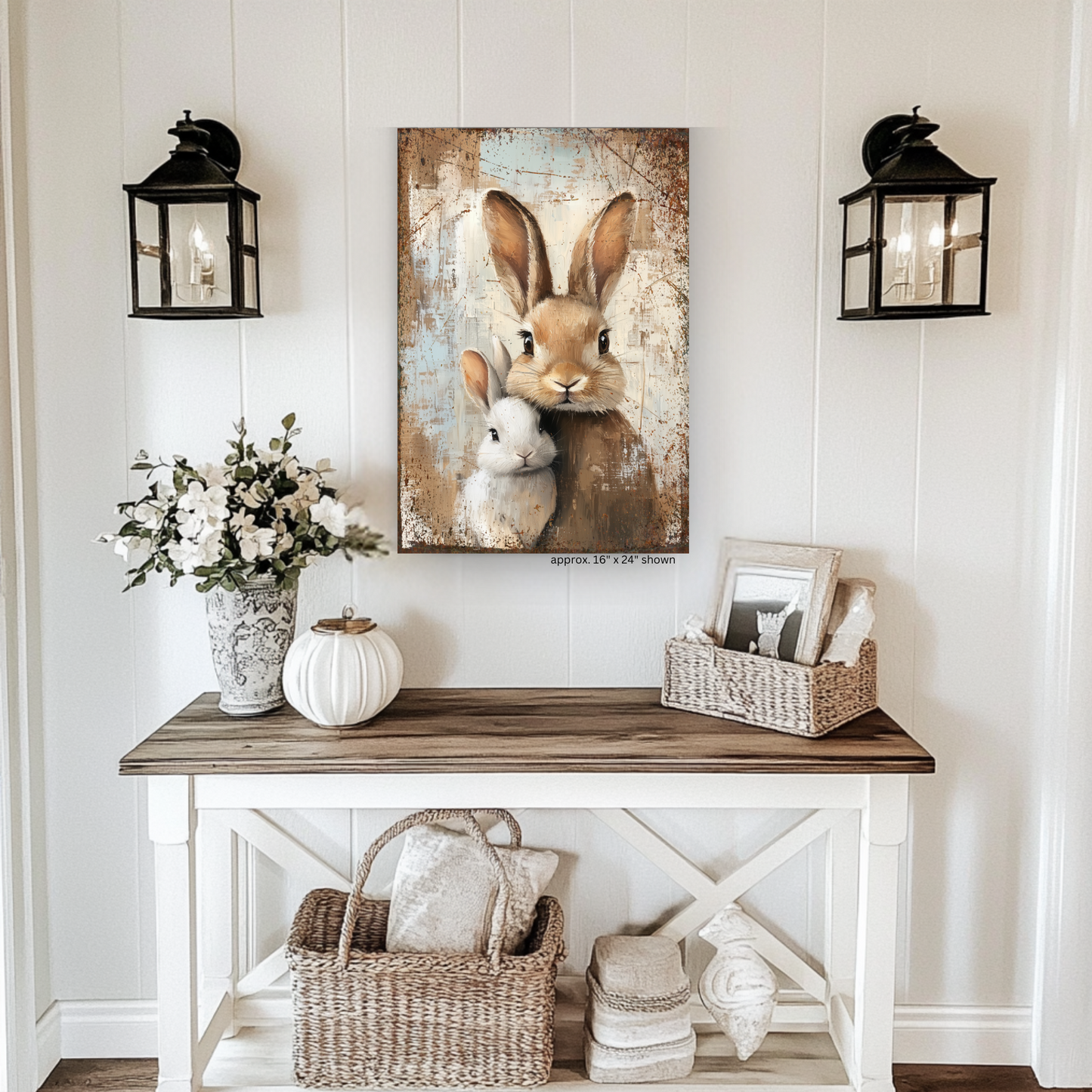Rustic Mama and Baby Bunny Canvas – A Heartwarming Vintage Treasure