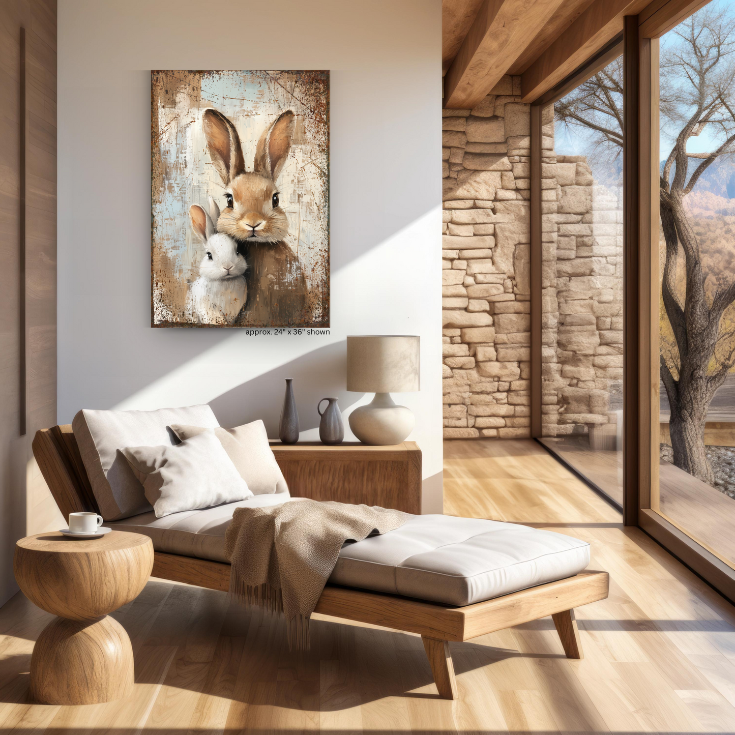 Rustic Mama and Baby Bunny Canvas – A Heartwarming Vintage Treasure