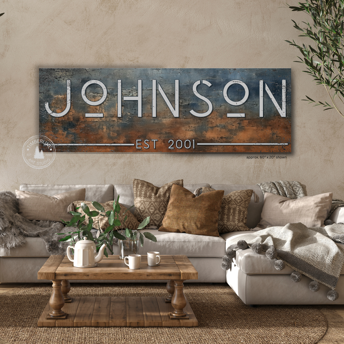 Personalized Rustic Modern Family Name Canvas – Weathered Industrial Style