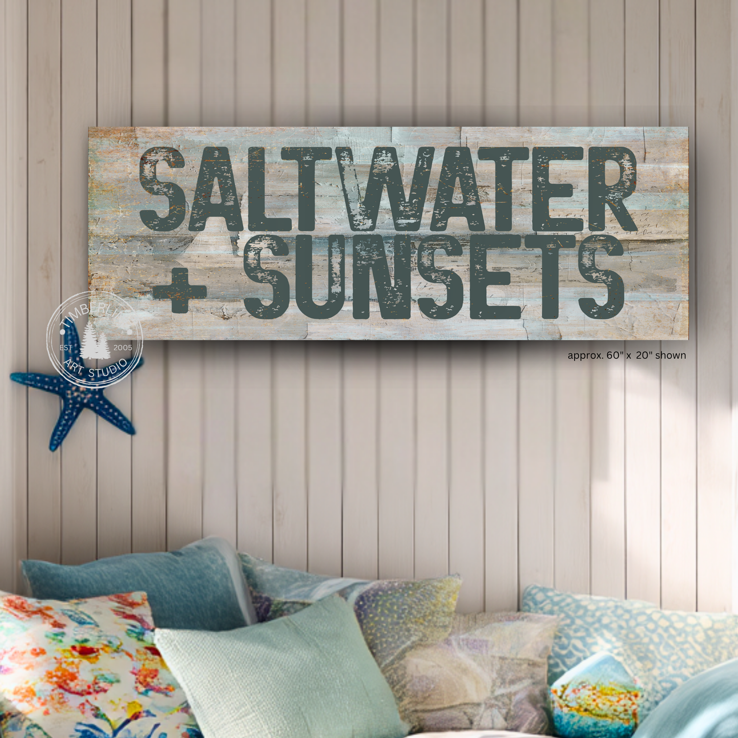 Saltwater + Sunsets Rustic Beach Canvas – Unframed Coastal Wall Art