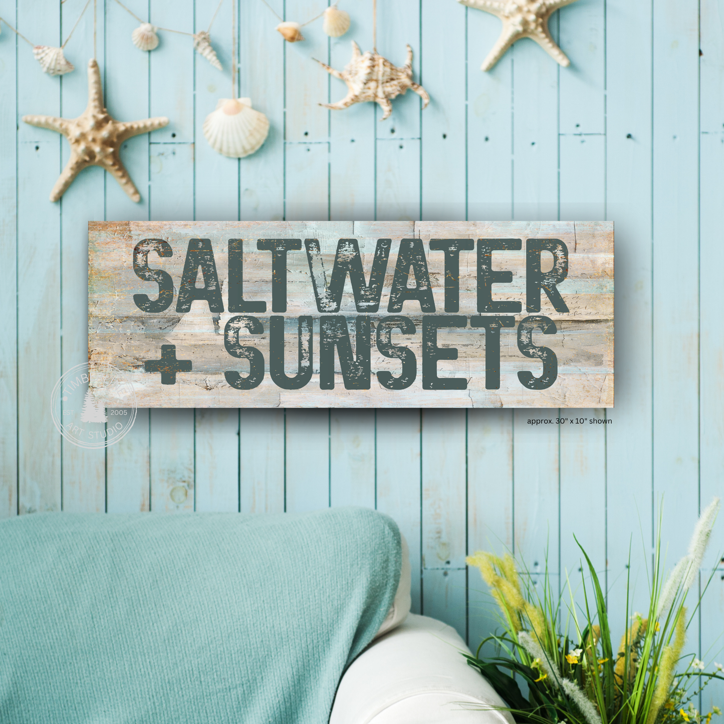 Saltwater + Sunsets Rustic Beach Canvas – Unframed Coastal Wall Art