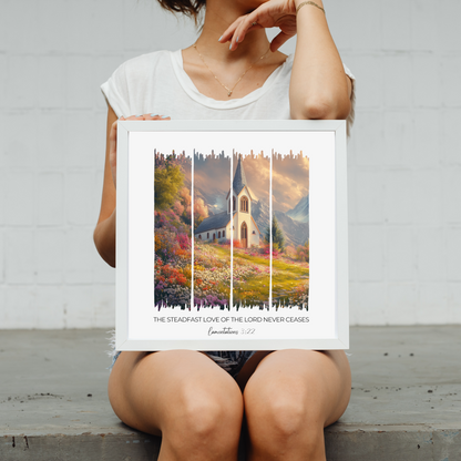 The Steadfast Love of the Lord – Country Church and Wildflower Bible Verse Canvas