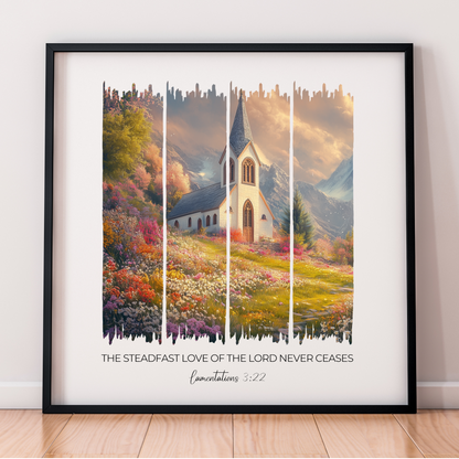 The Steadfast Love of the Lord – Country Church and Wildflower Bible Verse Canvas
