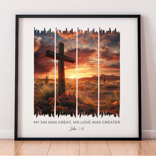 His Love Was Greater – Blooming Desert Sunset Bible Verse Canvas
