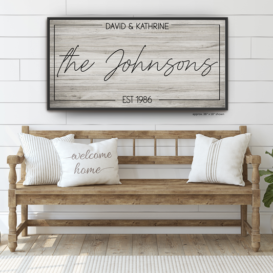 Personalized Farmhouse Family Name Framed Canvas – Gray Barnwood Style